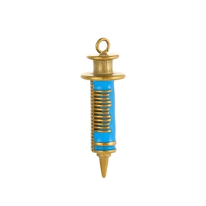 Detail of vintage gold syringe pendant with blue enamel and engraved scale texture