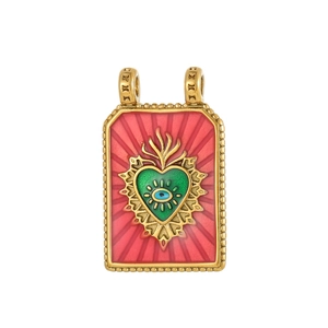 Detailed view of Baroque square evil eye pendant with red sunburst and green heart