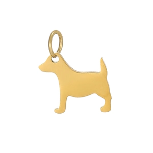 Detailed view of the gold-tone metal dog silhouette pendant with a polished finish