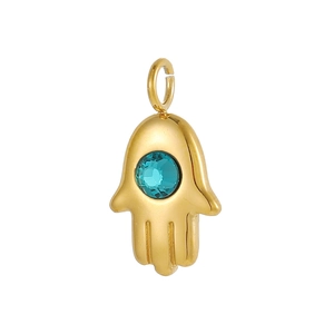 Close-up of golden Hamsa Hand pendant with a turquoise stone and polished finish
