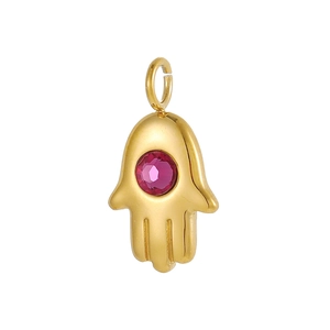 Macro shot of gold Hamsa Hand pendant with a central pink zircon and polished finish