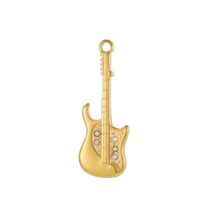 Detailed close-up of guitar shaped gold pendant with sparkling zircon stone accents