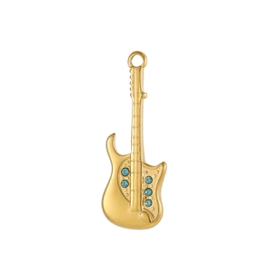 Detailed view of a gold guitar pendant featuring matte finish and blue zircon inlay