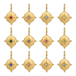 Set of 12 gold stainless steel birthstone pendants with hammered texture and starburst
