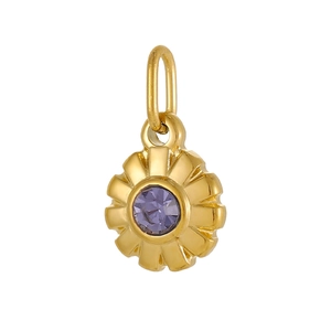 Vue détaillée du pendentif tournesol doré avec une pierre centrale en zircon violet