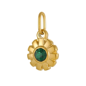 Détail d'un pendentif tournesol doré avec un zircon vert émeraude au centre
