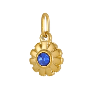 Vue détaillée d'un pendentif fleur de soleil doré serti d'une pierre bleue centrale
