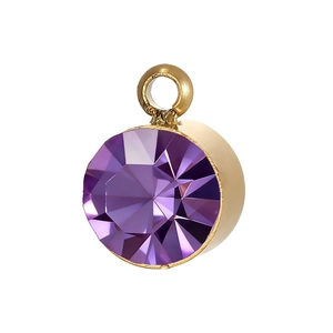 Detailed macro view of a round faceted purple birthstone pendant with gold plated bail