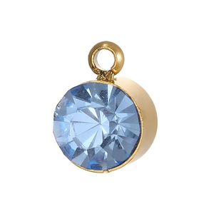 Detailed macro view of a light blue round crystal pendant with a gold plated metal bail