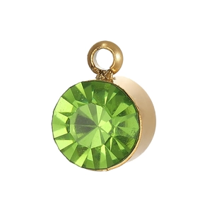 Close-up of olive green birthstone pendant with gold plated stainless steel bezel