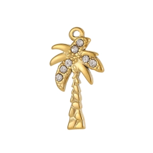 Detailweergave van een gouden palmboomhanger met fonkelende zirkoonstenen en ring