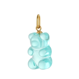 Detailed view of light blue translucent gummy bear pendant with golden metal loop