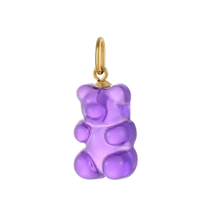 Detailed close-up of a translucent purple gummy bear pendant with a gold metal hook