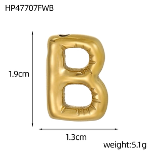 Detail of 3D bubble letter B pendant in gold finish with radial texture and dimensions