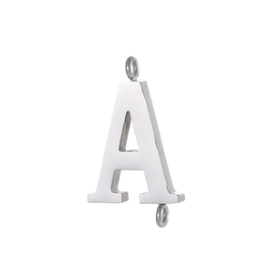 Detail of silver stainless steel letter A pendant connector with dual rings for DIY jewelry