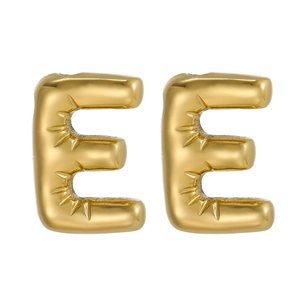 Macro shot of 14k gold balloon-style letter E earrings with pleated metallic texture