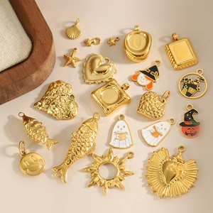 Golden stainless steel charms with enamel hearts, smiley faces and ghost shapes for DIY jewelry