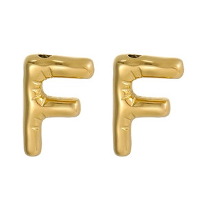 Detailed macro view of gold-plated puffy letter F pendant with 3D balloon texture