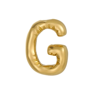 Macro detail of puffy 14k gold plated letter G pendant with balloon style wrinkles