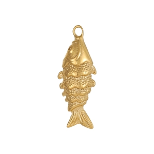 Detailed view of a golden fish-shaped pendant with fine scale texture and top loop