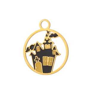Macro view of gold stainless steel ghost house pendant with black drip oil finish
