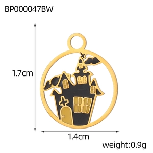 Detail view of a black enamel ghost house charm with dimensions 1.7cm by 1.4cm