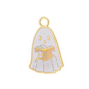 Macro shot of a white ghost pendant holding a book with gold-plated stainless steel edges
