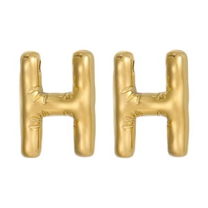 Close-up of golden letter H pendant with 14k gold plated finish and bamboo texture detailing
