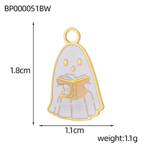 Ghost pendant technical drawing showing dimensions 1.8cm by 1.1cm and 1.1g weight