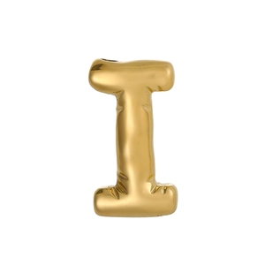 Close-up of golden balloon style letter I pendant with a polished metallic finish