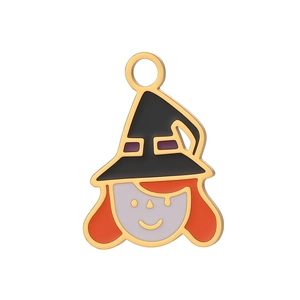 Close-up of a witch pendant with black hat and red hair in gold stainless steel