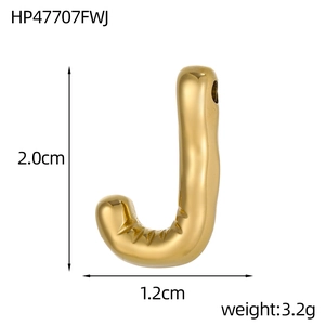 Macro shot of gold-plated puffy letter J pendant showing dimensions 2.0cm by 1.2cm