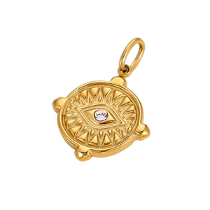 Golden stainless steel evil eye pendant with sunburst pattern and sparkling zircon stone