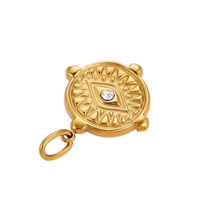 Golden sunburst evil eye coin pendant with sparkling zircon for DIY jewelry making