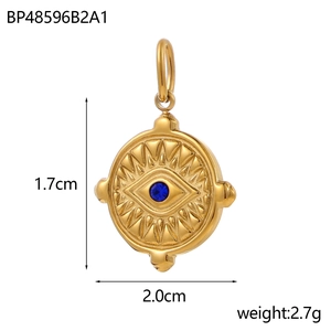 Detail view of gold Evil Eye pendant with blue stone and dimension markings of 1.7x2.0cm
