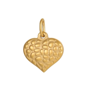 Detail view of golden heart pendant with pebble texture and jewelry ring connector