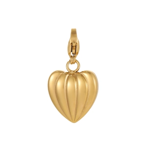 Macro detail of golden puffed heart pendant with vertical ribbed texture and lobster clasp