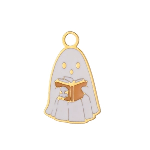 Detail view of a Halloween ghost pendant with white enamel finish and gold plated ring