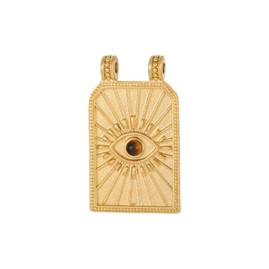 Detail view of a gold evil eye rectangular pendant with a brown stone and dual rings