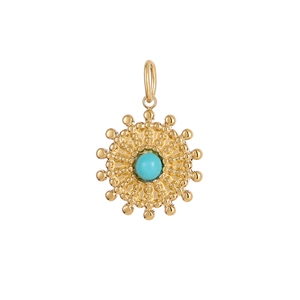 Detailed macro of golden sunflower pendant with turquoise gemstone inlay and beaded edge