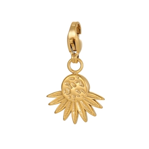 Detailed macro view of golden sunflower charm with lobster clasp in stainless steel