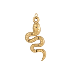 Detail of a vintage golden snake pendant featuring scaled texture and black stone accents