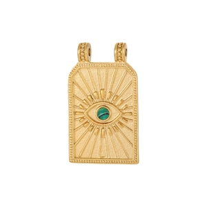 Detail showing vintage gold stainless steel rectangle pendant with green evil eye malachite