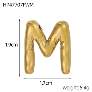 Detail view of 14k gold bubble letter M pendant showing 1.9cm height and 1.7cm width