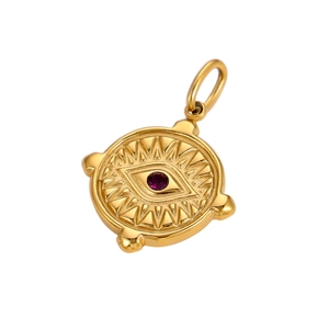 Macro view of vintage stainless steel evil eye charm with purple zircon and gold finish