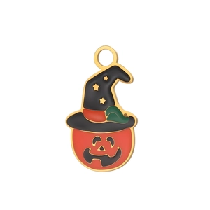 Detail of Halloween pumpkin charm with black witch hat and golden star for jewelry making