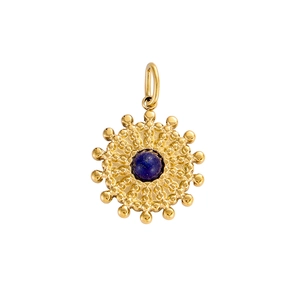 Detailed view of sunburst gold pendant with inlaid lapis lazuli and beaded edges