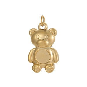 Detailed close-up of a golden teddy bear pendant made of polished stainless steel