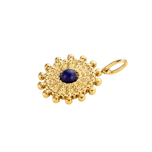 Detailed macro view of vintage gold sunflower pendant with blue stone inlay