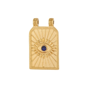 Detailed close-up of golden stainless steel Evil Eye rectangular pendant with blue lapis lazuli